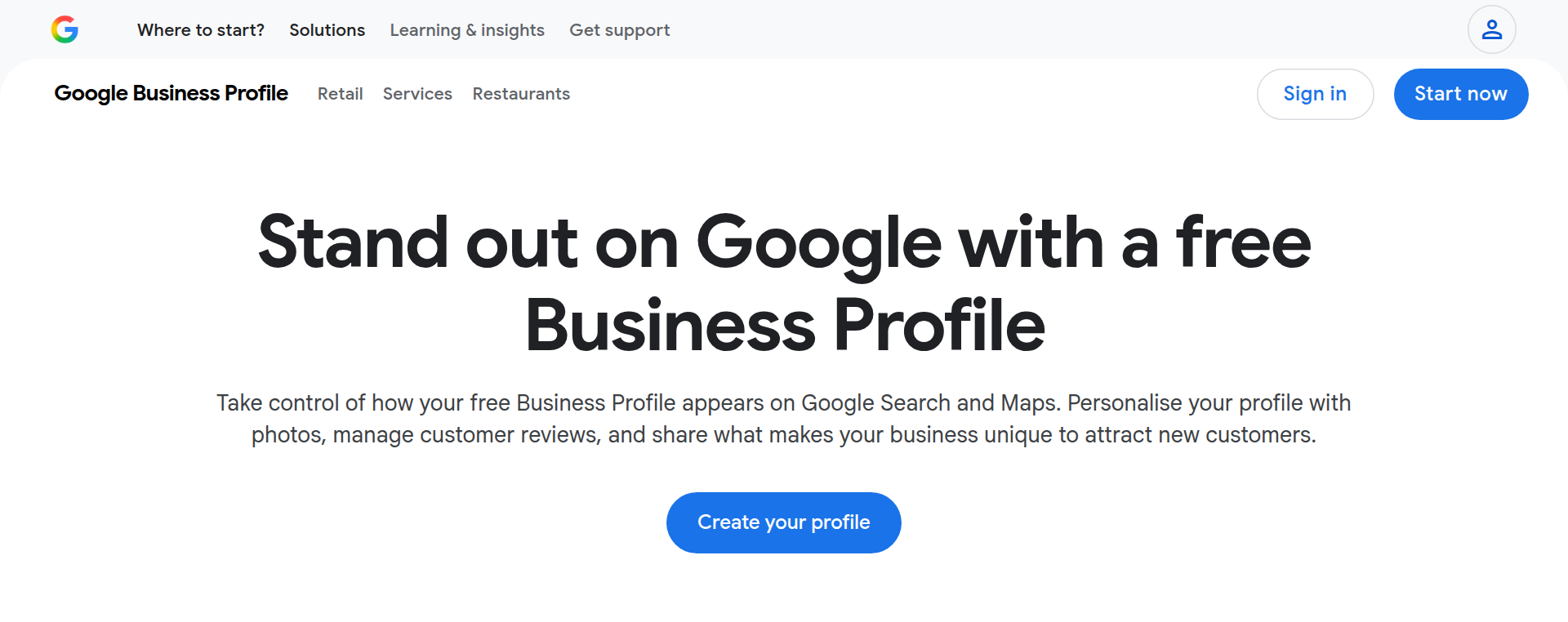 Google Business Profile home page with the Create your profile button